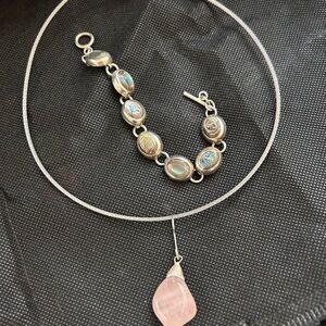 Sterling silver Choker Necklace with Rose Quartz Pendant &
